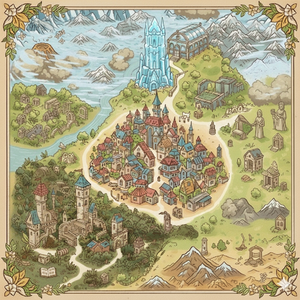 Mapa detalhado em tons de marrom e verde com castelo, florestas e ilhas ao redor